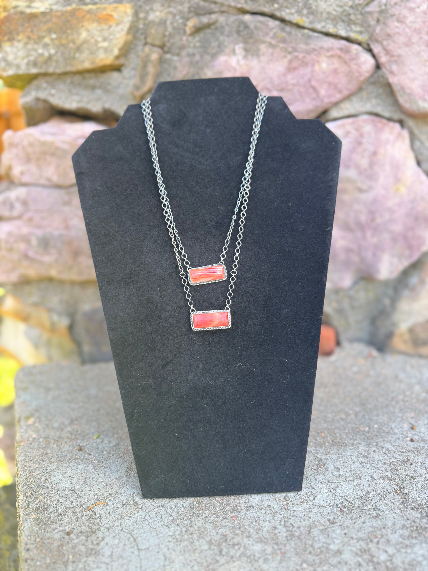 Red Spiny and Sterling Silver Bar Necklace