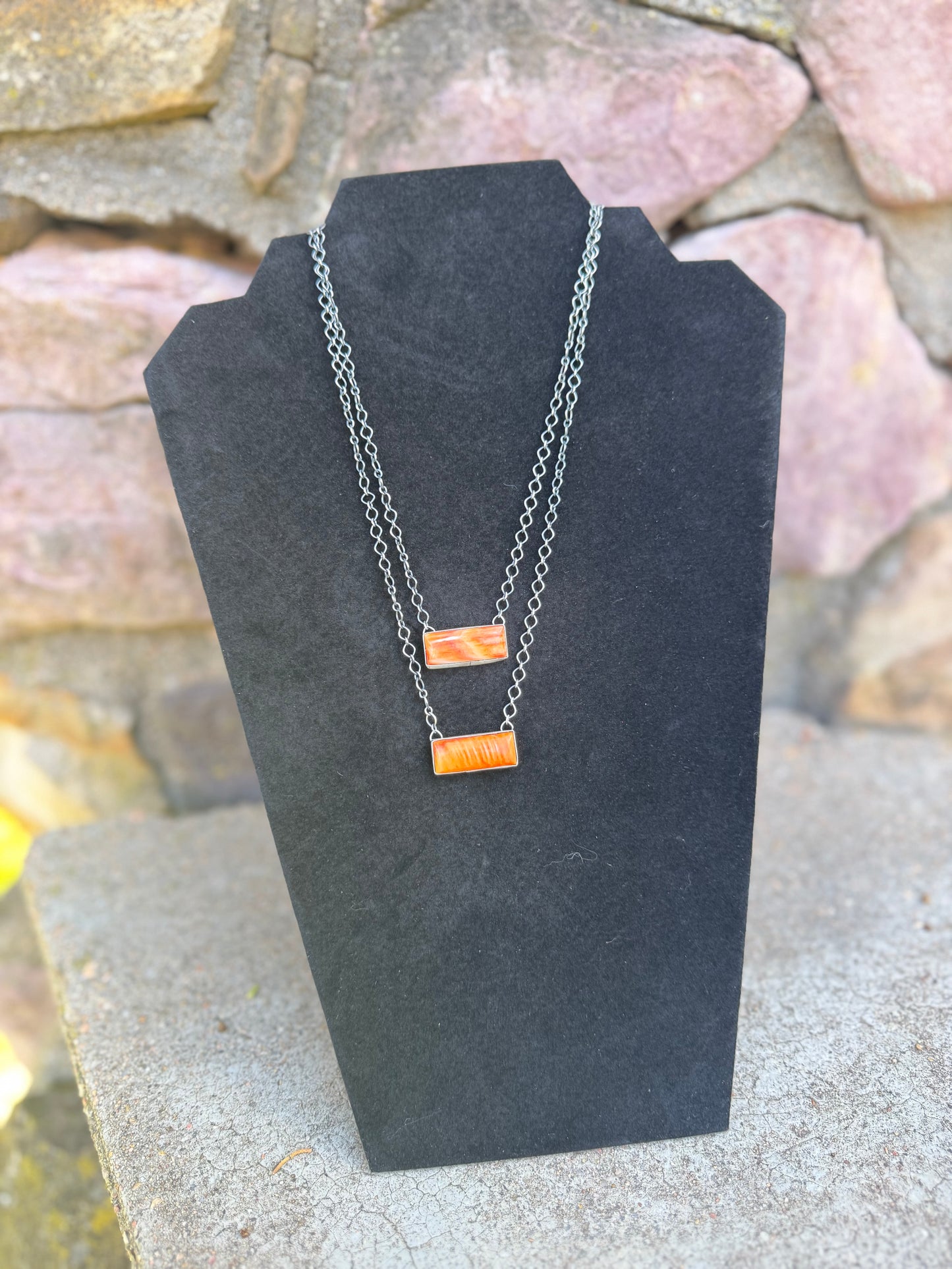 Orange Spiny and Sterling Silver Bar Necklace