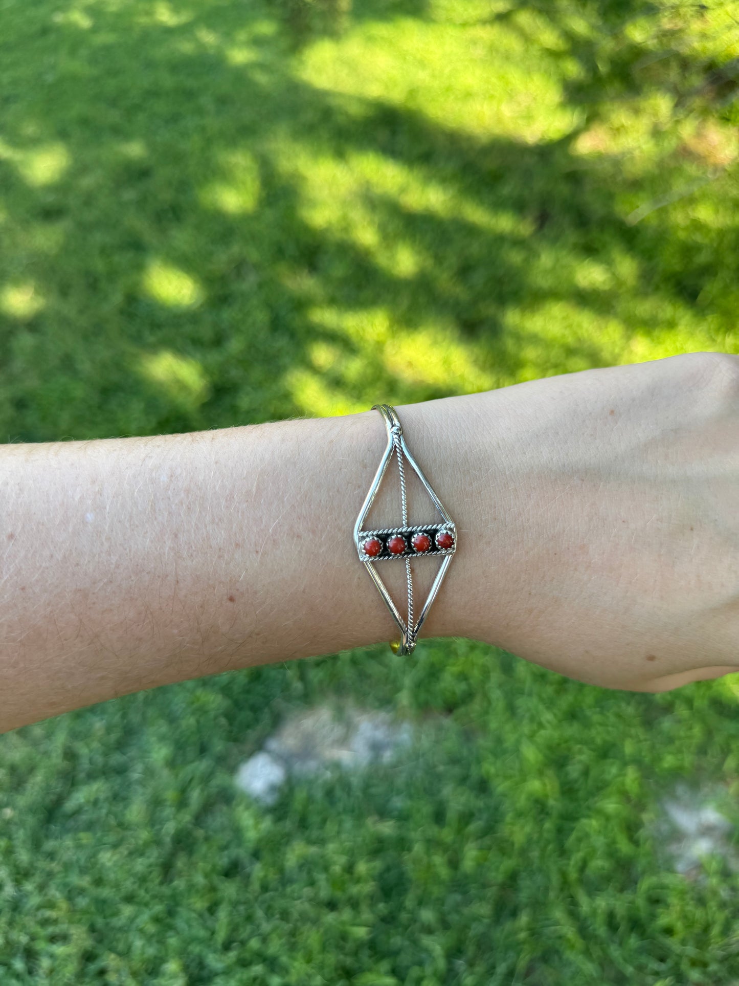 Janice White Coral Four Stone Navajo Cuff