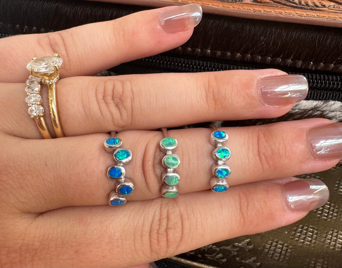 Blue Lab Opal Stacked Oval Ring Five Stone